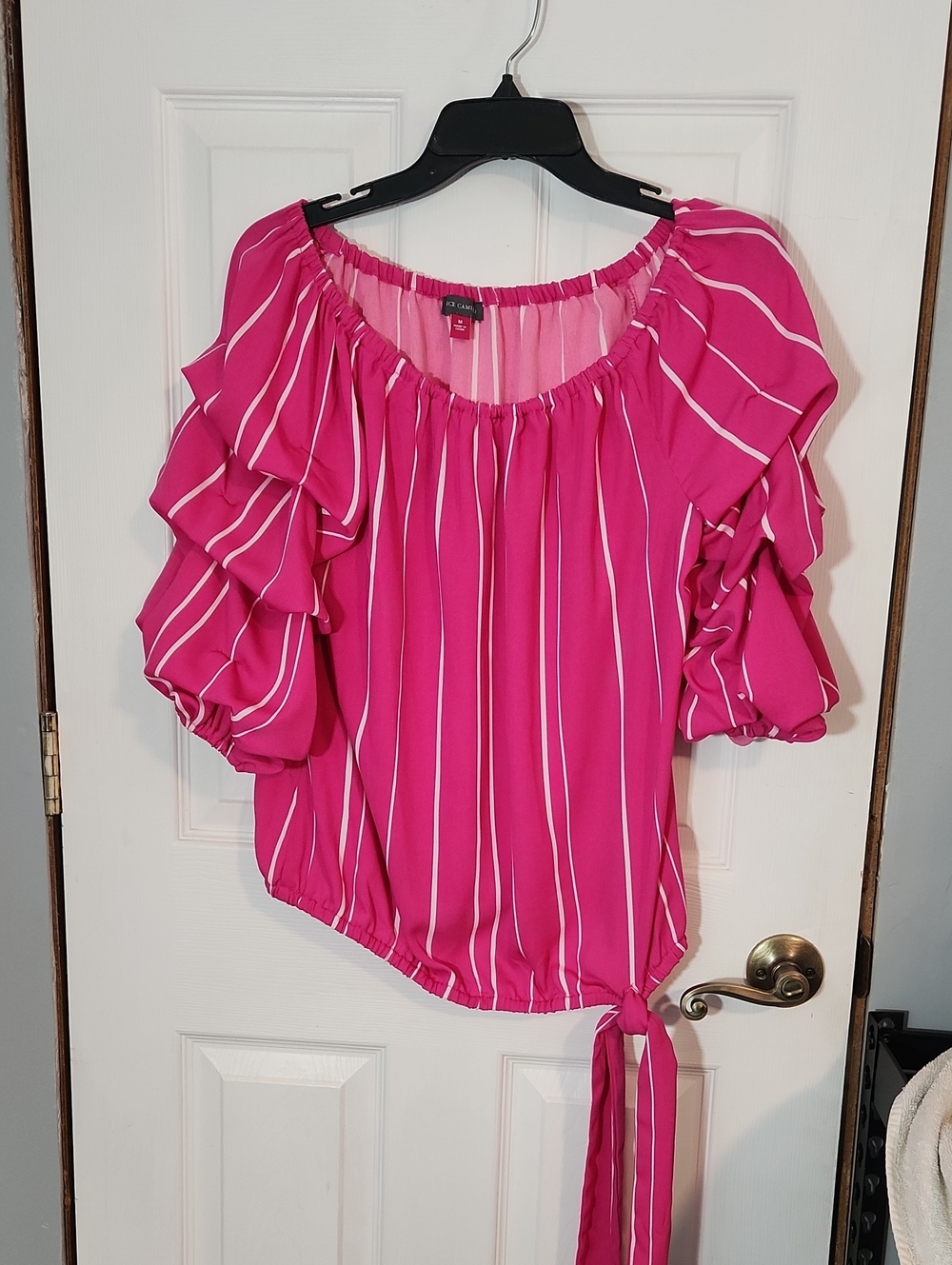 Vince Camuto Fuchsia Striped Ruffle Sleeve Tie-Hem Blouse - Picture 1 of 3